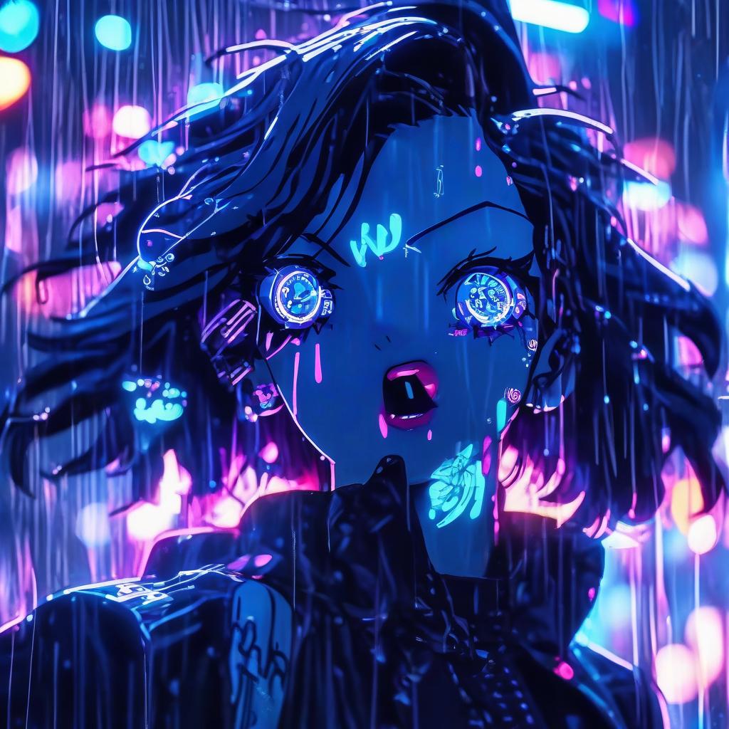  cinematic photo a woman that is standing in the rain, jet black haired cyberpunk girl, blue neon lights, 🎀 🪓 🧚, close up of a young anime girl, necro, very very anime!!!, joy ang, nanite, blue lipstick, hearts, ukiyo . 35mm photograph, film, bokeh, professional, 4k, highly detailed