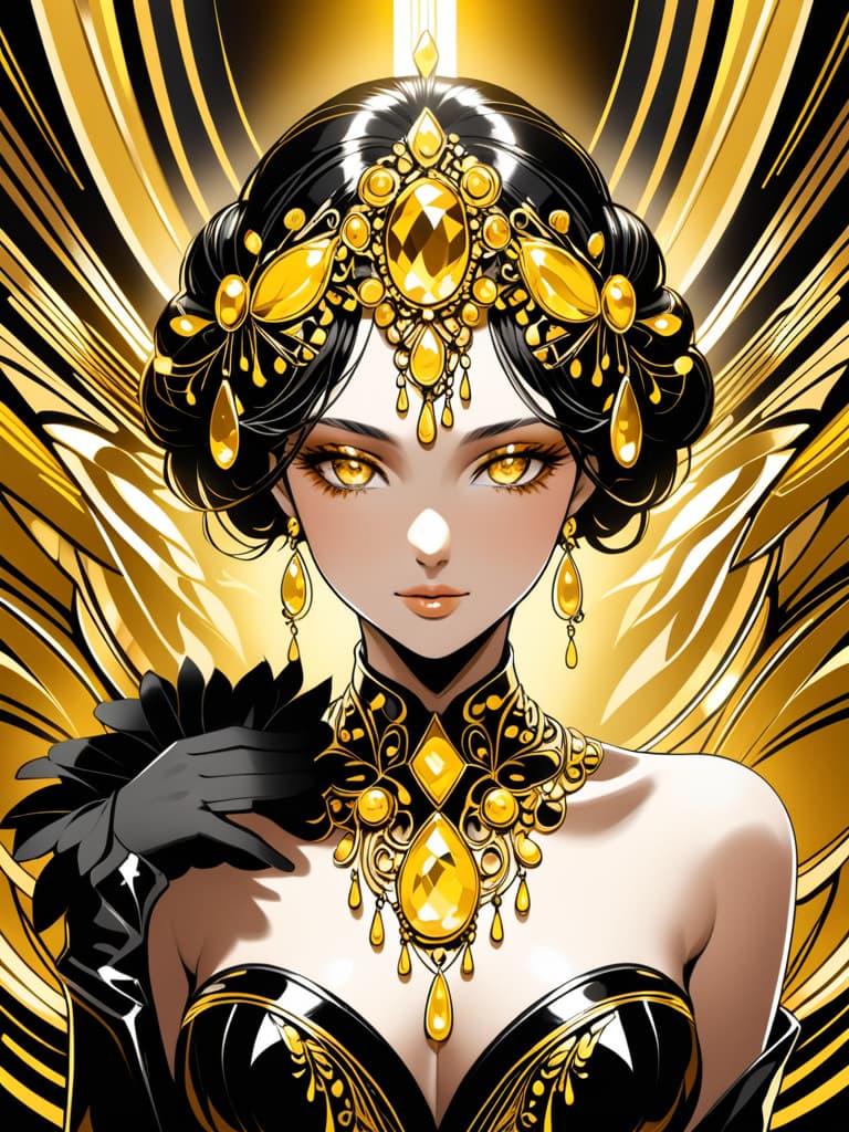  Golden yellow and sleek black color palette, captivating and inviting expression, exuding elegance and charm, magnetic beauty, intricate details, high contrast, luxurious feel, digital art, female, glossy finish, striking composition, dynamic lighting to enhance features.