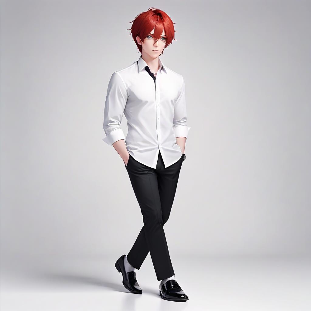  make me a man, an office worker, full length, red hair, white background, white shirt, black pants, black shoes