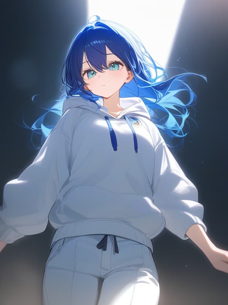  serizawa kasumi,super real mahjong p3,blue hair,medium long hair,blue clothes,white hoodie jacket,white shoot pants,