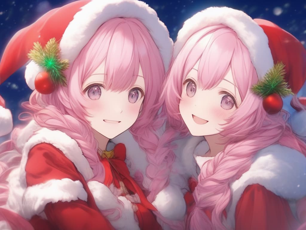  pink hair, santa's cosplay, smile, christmas, short hair, twin tail, masterpiece, best quality,8k,ultra detailed,high resolution,an extremely delicate and beautiful,hyper detail