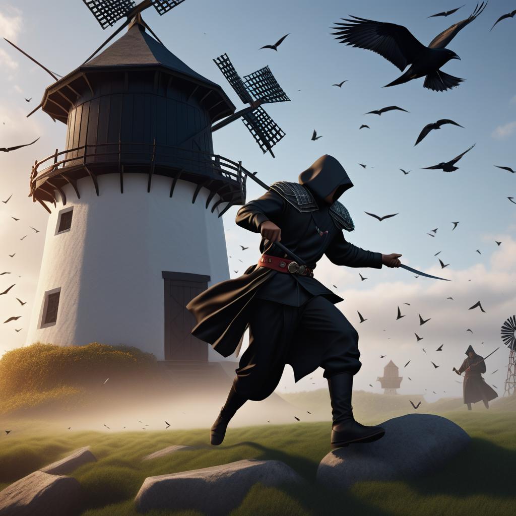  dungeons & dragons monk being attacked by ravens near a old windmill photo realistic, highly intricate and detailed, masterpiece, ultra high res,photography,8k resolution