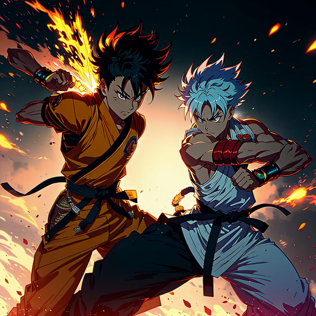  a warrior with spiky hair and a martial arts gi, in the energetic and exaggerated style of akira toriyama, with vibrant colors and dynamic action lines. hyperrealistic, full body, detailed clothing, highly detailed, cinematic lighting, stunningly beautiful, intricate, sharp focus, f/1. 8, 85mm, (centered image composition), (professionally color graded), ((bright soft diffused light)), volumetric fog, trending on instagram, trending on tumblr, HDR 4K, 8K