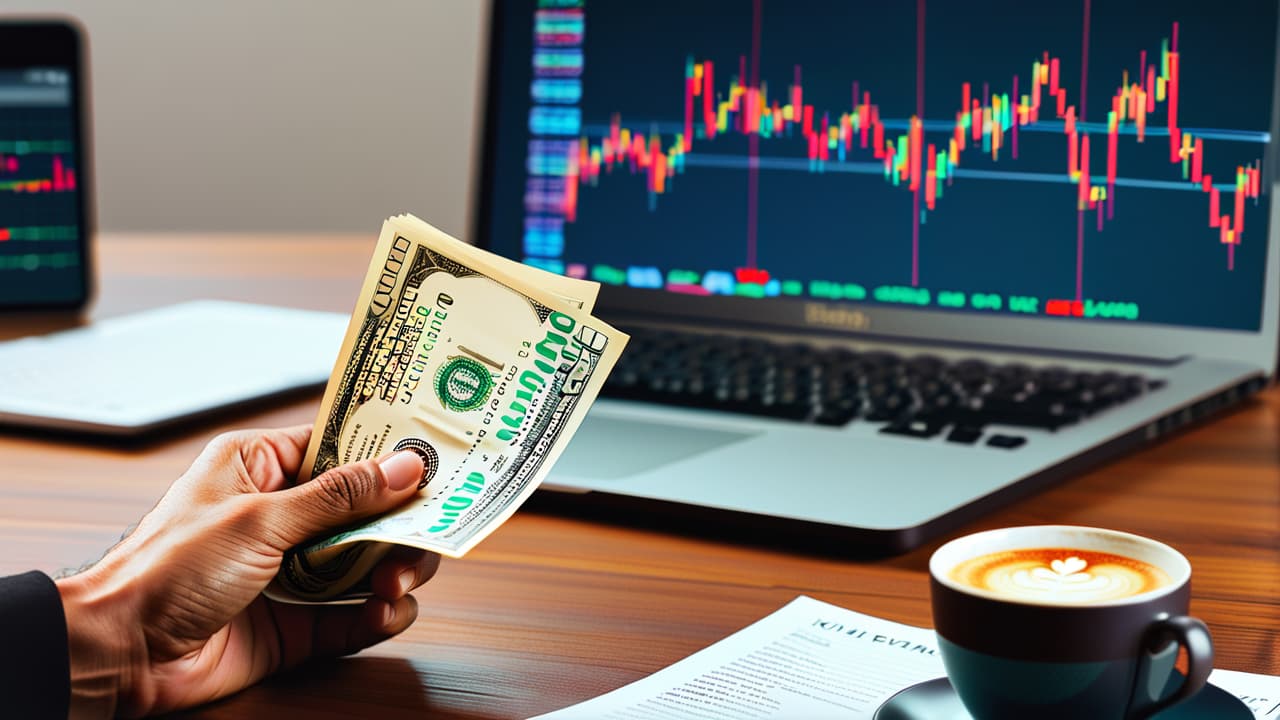  a close up of a hand holding a $100 bill, surrounded by stock charts, a laptop displaying market trends, and a coffee cup, set on a wooden desk, conveying the essence of beginner stock trading. hyperrealistic, full body, detailed clothing, highly detailed, cinematic lighting, stunningly beautiful, intricate, sharp focus, f/1. 8, 85mm, (centered image composition), (professionally color graded), ((bright soft diffused light)), volumetric fog, trending on instagram, trending on tumblr, HDR 4K, 8K