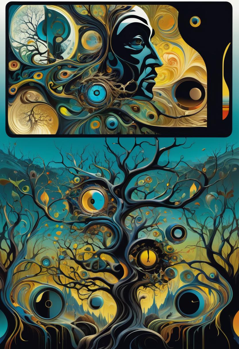  salvador dali inspired psychedelic poster depicting, head, face, eyes open, lens in one eye, back of head turns into branches, psychedelic elements integrating tree of life into surreal, abstract painting, twisted shapes, melting clock, fantasy landscape, vibrant hues, golden ratio composition, ultra fine details, digital painting.