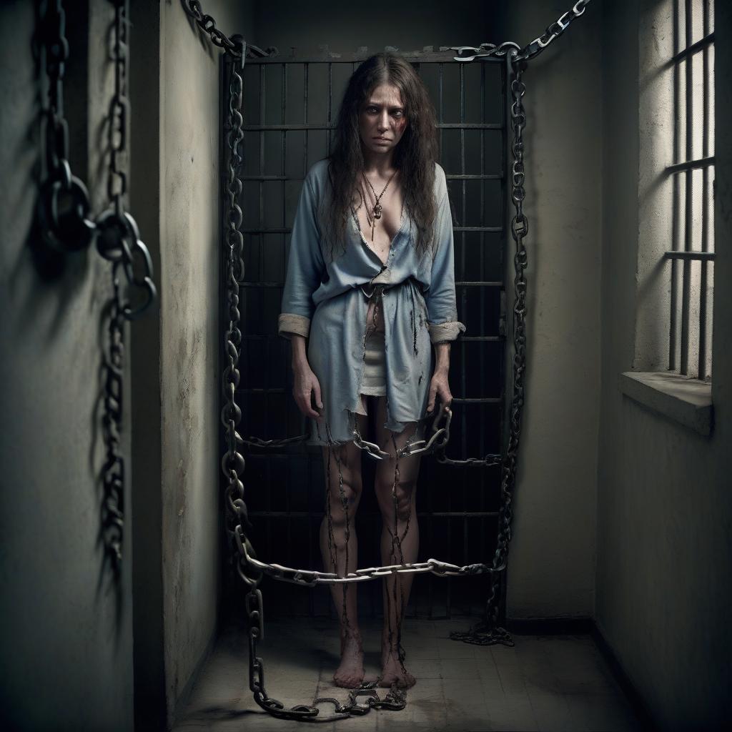  realistic full length photograph of a chained in a prison cell. her clothes are torn on her .