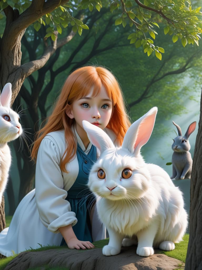  the rabbit stood under the tree and looked up a bit and looked at the trapped cat, and then he jumped and jumped like a spring. , with soft orange hair and bright big eyes, rabbits, all white hair photo realistic, highly intricate and detailed, masterpiece, ultra high res,photography,8k resolution