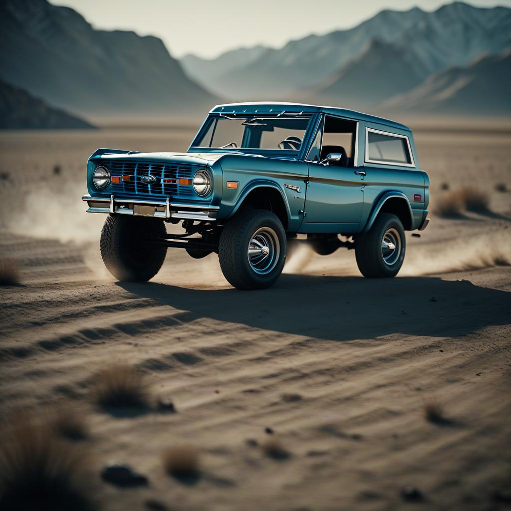  cinematic film still ford bronco mustang in the style of paropunk . shallow depth of field, vignette, highly detailed, high budget, bokeh, cinemascope, moody, epic, gorgeous, film grain, grainy