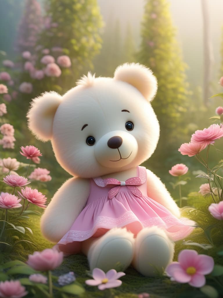  the image features a large white teddy bear sitting next to a little girl. the teddy bear is wearing a bow, and the girl is dressed in a pink dress, both adding a sense of charm to the scene. they are surrounded by a lush and colorful environment, featuring a variety of pink flowers. some of these flowers are visible near the top of the image, while others are scattered throughout the background. the setting creates a whimsical and delightful atmosphere, showcasing the beauty of the girl and the teddy bear in their fairytale like environment.