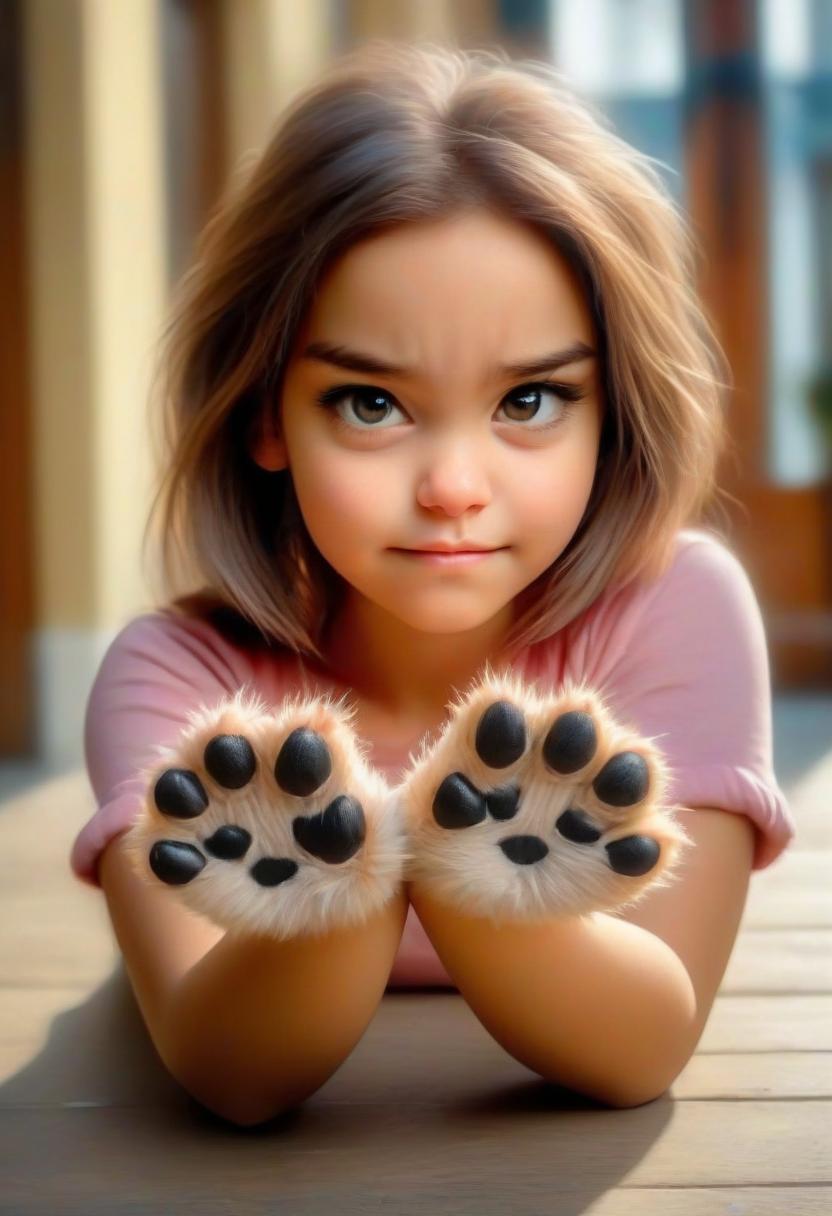  concept art cute young woman with fluffy paws as hand and pinky claws . digital artwork, illustrative, painterly, matte painting, highly detailed, perfect hands, perfecteyes