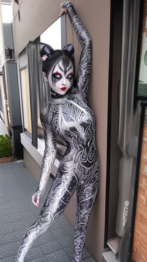  Silver Spider-patterned body paint in every corner of the whole body, full-body, Blark body paint, Silver face paint on the face, succubus 女性