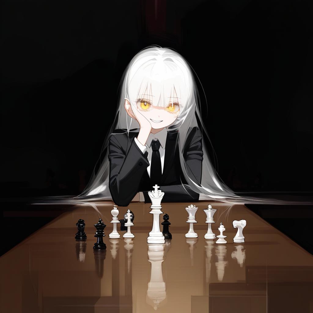  white hair anime woman with shadows completely concealing face with the exception of evil empty white teeth smile on her face and only a hardly visible singular yellow eye, leaning on one hand with arrogance,jet black suit, black tie, sitting in front of a table with a chess set on it . best quality, high resolution