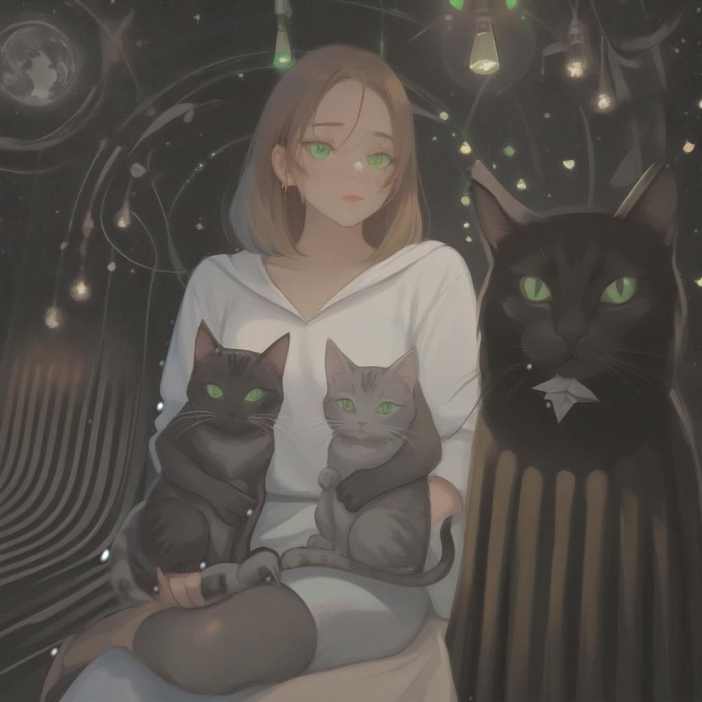  minimalist style girl with green eyes holds two cats, spotlights, stage, space in the background, love of music, vocals, idol, stage, tarot . simple, clean, uncluttered, modern, elegant