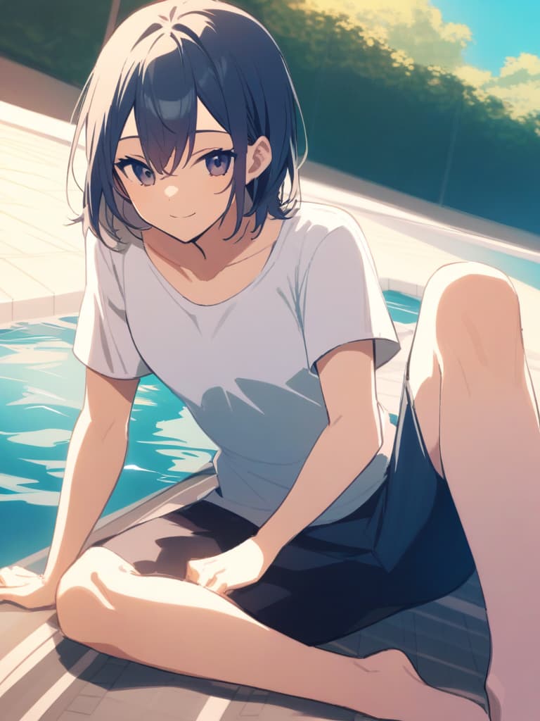  s (male ), short hair, cute smile, swimwear (dark blue ), male , whole body, pool side,