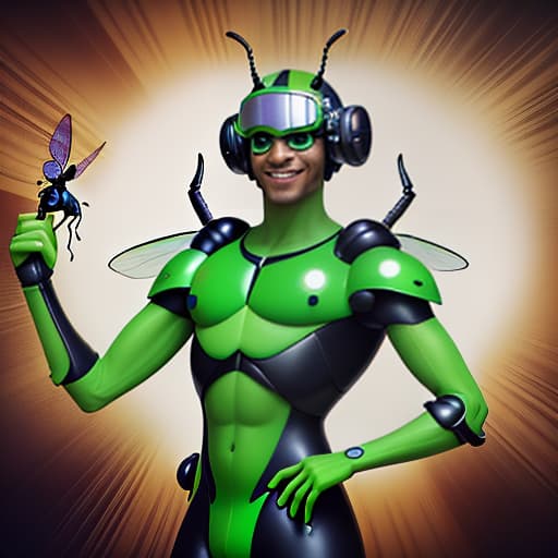  cute cartoon insect beetle character with a green body, big expressive eyes and a smile on his lips. on his head he has a huge brown helmet with goggles, giving him an adventurous look. the insect beetle stands confidently holding a blaster, he has graceful wings and long tendrils. the background is simple and bright inside the starship to emphasize the charm of the funny character with the weapon.