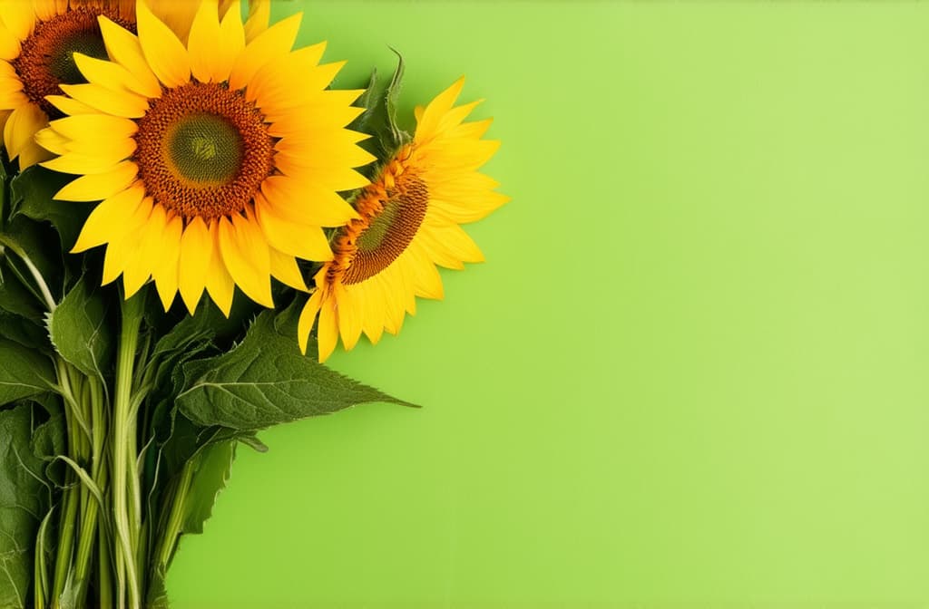  professional detailed photography, close up of a bouquet of sunflowers on a plain green background, clear details, sharp details, space for text on the right ar 3:2, (muted colors, dim colors, soothing tones), (vsco:0.3)