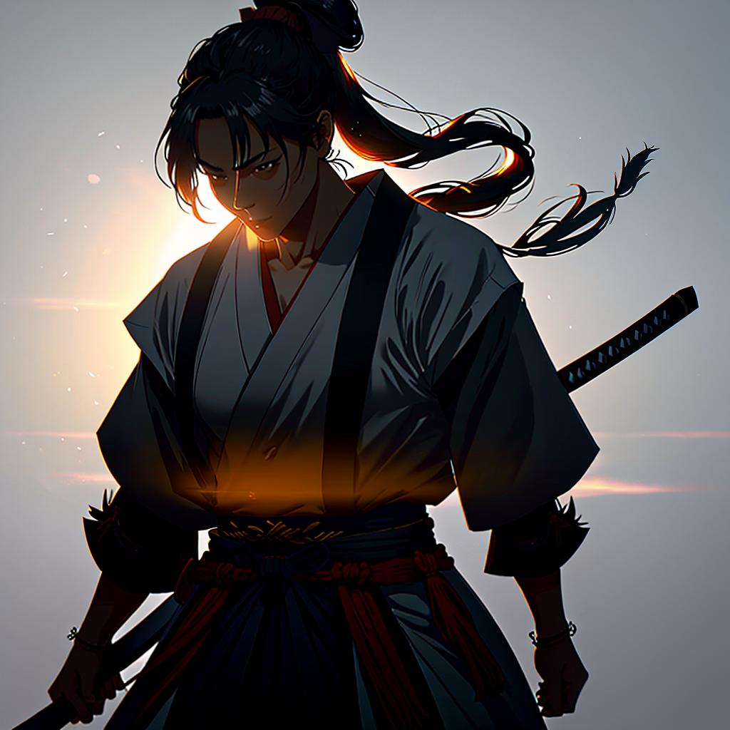  a samurai with a ponytail and a wooden sword, in the comedic and exaggerated style of hideaki sorachi, with detailed costumes and humorous expressions. hyperrealistic, full body, detailed clothing, highly detailed, cinematic lighting, stunningly beautiful, intricate, sharp focus, f/1. 8, 85mm, (centered image composition), (professionally color graded), ((bright soft diffused light)), volumetric fog, trending on instagram, trending on tumblr, HDR 4K, 8K