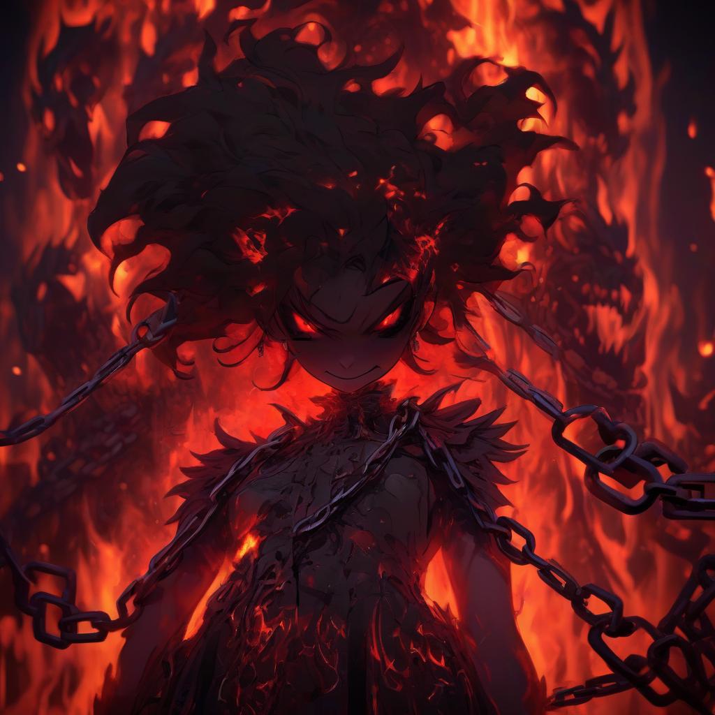  a woman that is standing in front of a fire, ((chains)), evil smile and glowing eyes, artistic render, only red colour, deathwing, shackled in the void, incandescent, discord pfp, lava rock, f 2, aggresive, maiden, chain