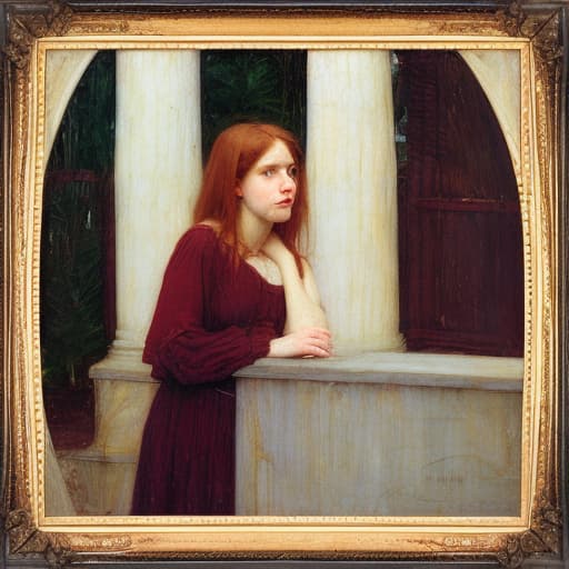 analog style Emotional, dramatic oil painting of a lovely Pre-Raphaelite Beata Beatrix distraught girl accused of witchcraft. It is from the side and she is looking upwards. The composition looks like Dante Gabriel Rossettti’s Beata Beatrix who looks like girl with a pearl earring. Beautiful, ornate, emotionally engaging oil painting with soft, lost edges painted by John William Waterhouse. Complex , ornate composition using the golden ratio.