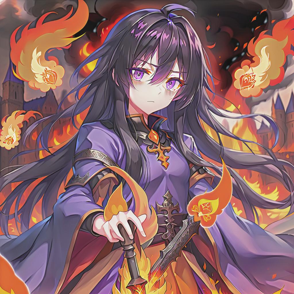  anime artwork covered with fire, purple skin, black long hair, orange eyes, medieval clothes . anime style, key visual, vint, studio anime, highly detailed