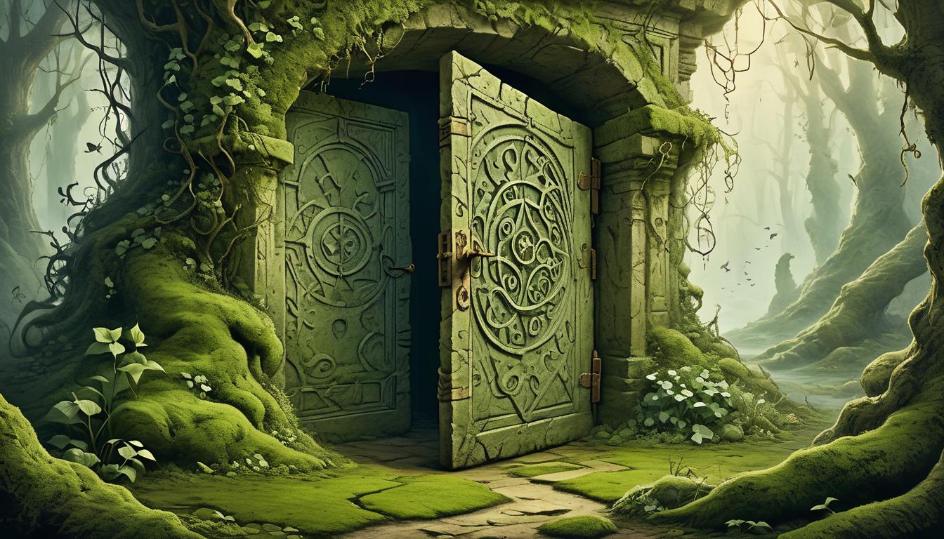  on parchment, surrealism+++, an ancient door, covered in engraved symbols, half sunken into the earth, impenetrable, final, moss and creeping ivy, forgotten(mysterious, provocative, symbolic,muted color)+++