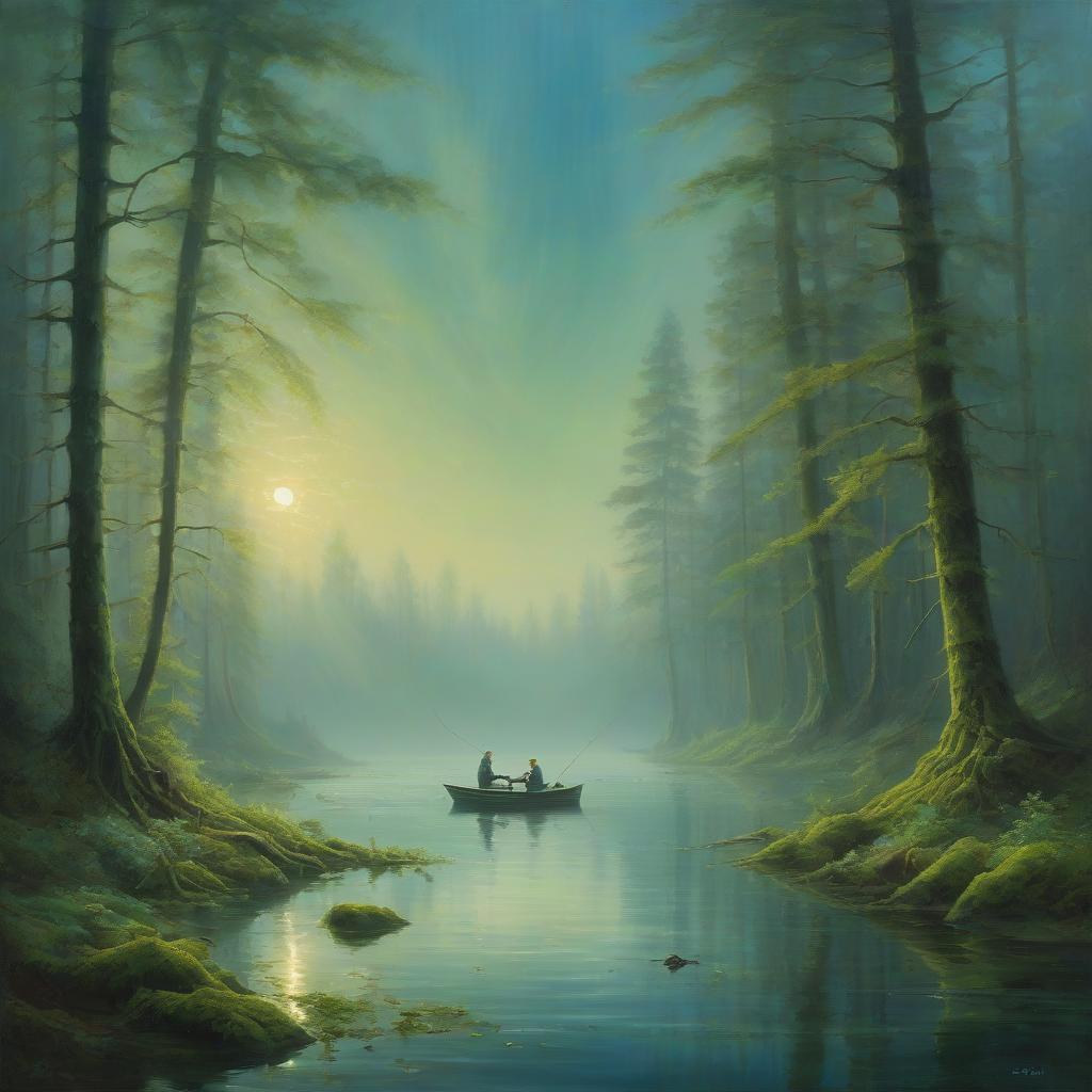  oil painting. early dawn the sun illuminates (misty relict forest covered with moss and greens 1.1). in the middle of the forest (lake with clear blue green water 1.2), the fisherman catches huge toothy fish on the rod 1.3. the fish wriggles on the hook. splashes, on the lake (sunray 1.4), illuminating the glare of the waves. beautiful picture, pleasant atmosphere, warm tones. landscape. great detail