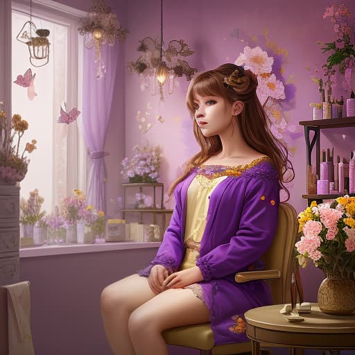  the girl sits in a beauty salon, against the background of lighting flowers and fluttering fabrics, in a realistic style, in purple and gold colors