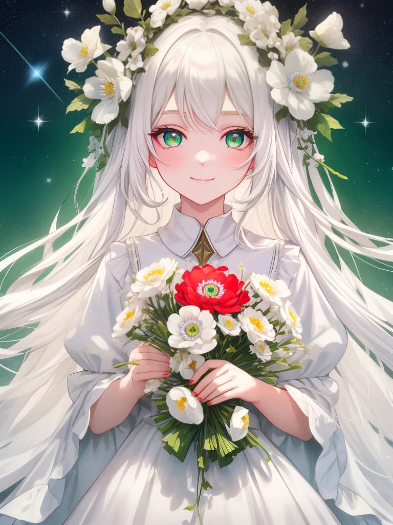  masterpiece,one girl,long hair,delicate hair color,shiny hair,white color hair color,delicate eye color,green eye color,twinkling eyes,starry eyes,gently smiling,beautiful face,delicate face,old style,red anemone flower,high quality,8k