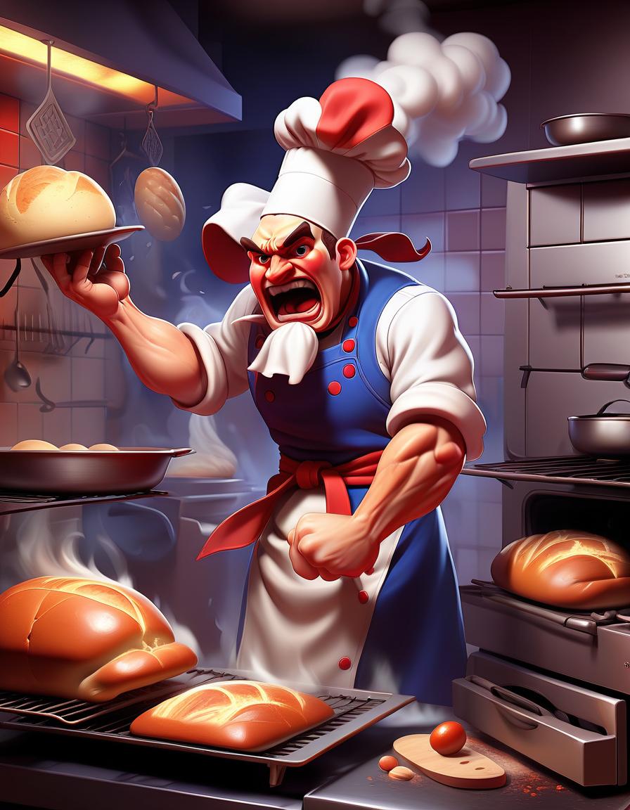  fighting game style the cook at the oven opens the oven to get ruddy bread, steam floats around in the kitchen. . dynamic, vibrant, action packed, detailed character design, reminiscent of fighting video games