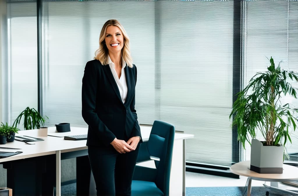  professional detailed photography, portrait of smiling businesswoman standing in open plan office. happy female professional executive manager, financial banking or marketing data. ar 3:2, (muted colors, dim colors, soothing tones), (vsco:0.3)