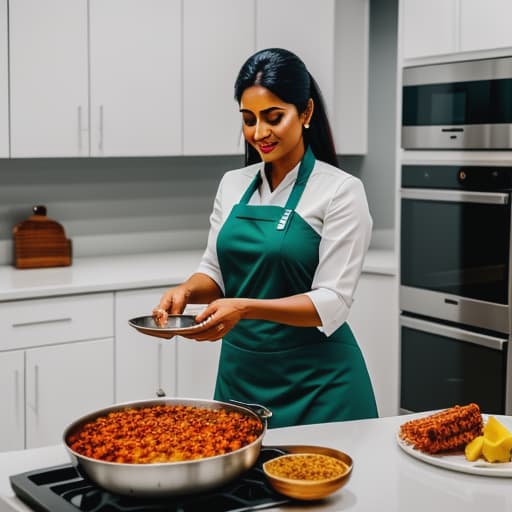  south indian women cooking with modern kitchen appliances hyperrealistic, full body, detailed clothing, highly detailed, cinematic lighting, stunningly beautiful, intricate, sharp focus, f/1. 8, 85mm, (centered image composition), (professionally color graded), ((bright soft diffused light)), volumetric fog, trending on instagram, trending on tumblr, HDR 4K, 8K