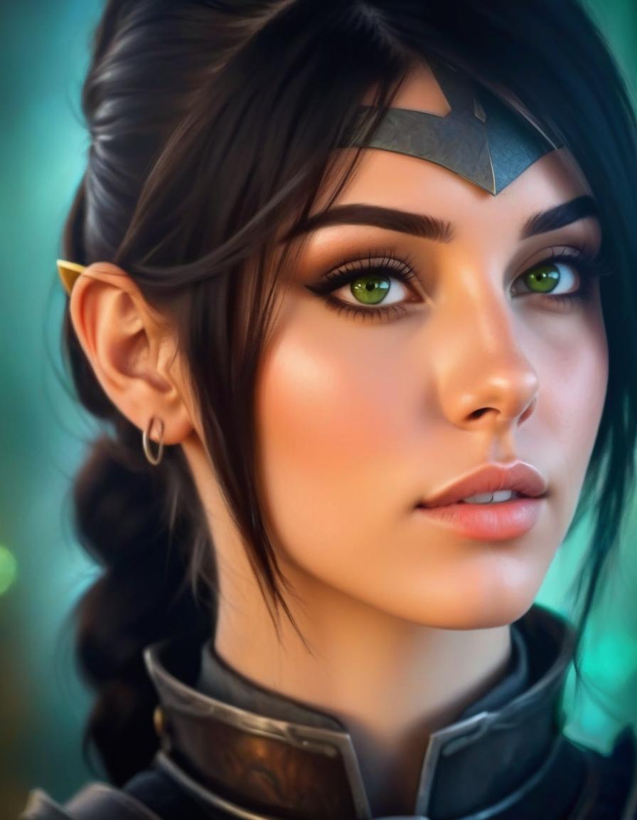  hdr photo of create a highly detailed portrait of a young female warrior with striking features, slender, angular face with high cheekbones and a sharp jawline, skin is fair and smooth, with a few faint scars on her left cheek, eyes are almond shaped and a deep, piercing green, giving her an intense, focused expression, gaze is serious, almost stern, reflecting her determination and inner strength, eyebrows are dark and well defined, arching slightly to add to her determined look, hair is dark brown, almost black, and is cut short, framing her face in a slightly tousled style, a small section of her hair is tied back with a thin, silver circlet adorned with a dark gemstone in the center, resting on her forehead, ears are slightly pointed, s