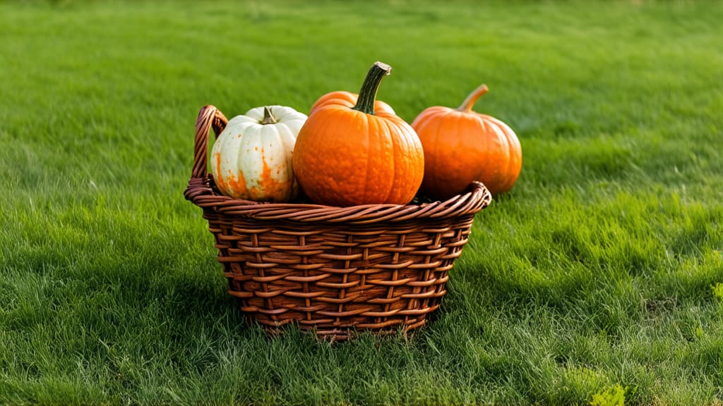  professional detailed photography, minimalist style basket with pumpkins on the grass ar 16:9, (muted colors, dim colors, soothing tones), (vsco:0.3)