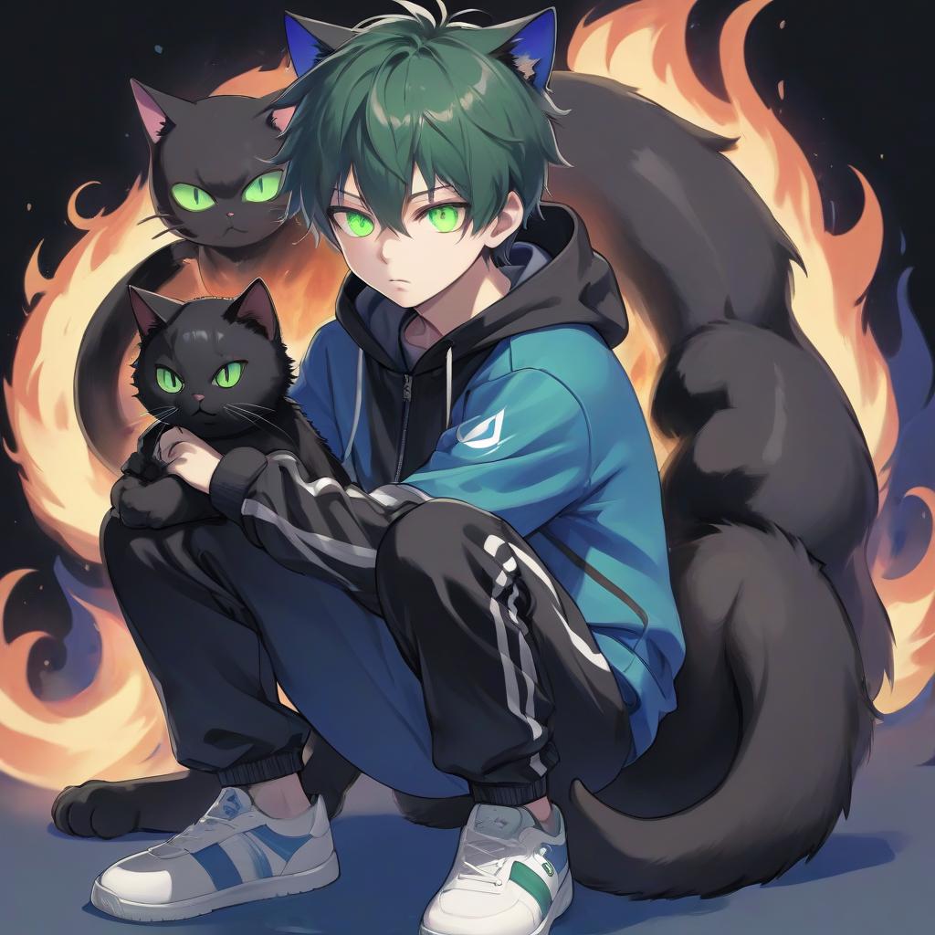  an anime boy with green eyes in a tracksuit with a black cat in his hands around a blue flame