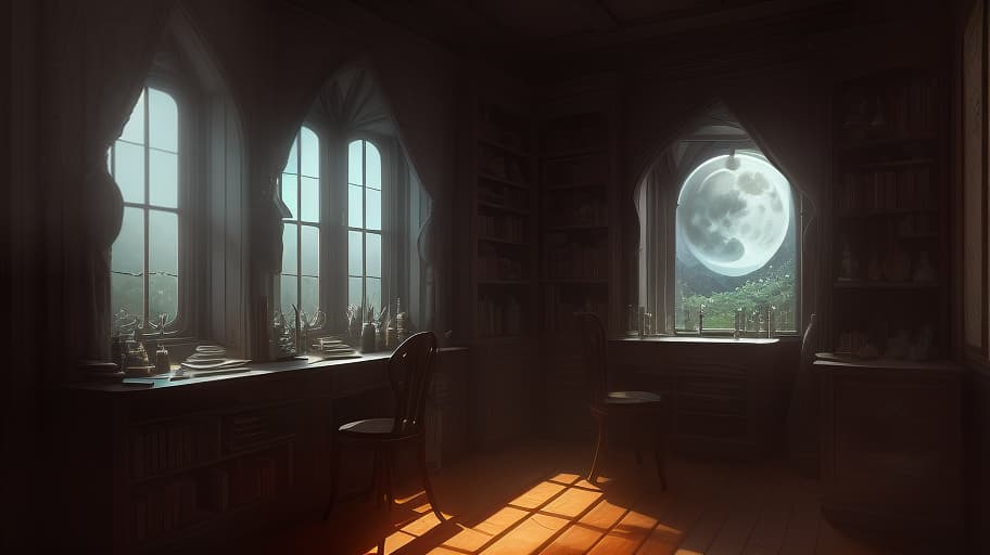  A fantasy room with a window sill next to a large window full of papers, glass cups with paints, and feathers for drawing. Near the window sill, a shelf with books and glass cups with magical potions. Outside the window, night and a bright moon. With no table and chairs. hyperrealistic, full body, detailed clothing, highly detailed, cinematic lighting, stunningly beautiful, intricate, sharp focus, f/1. 8, 85mm, (centered image composition), (professionally color graded), ((bright soft diffused light)), volumetric fog, trending on instagram, trending on tumblr, HDR 4K, 8K