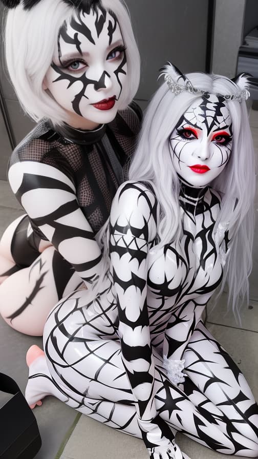  Black and White Spider-patterned body paint in every corner of the whole body, full-body, silver body paint,Silver face paint on the face,Two succubuses 女性