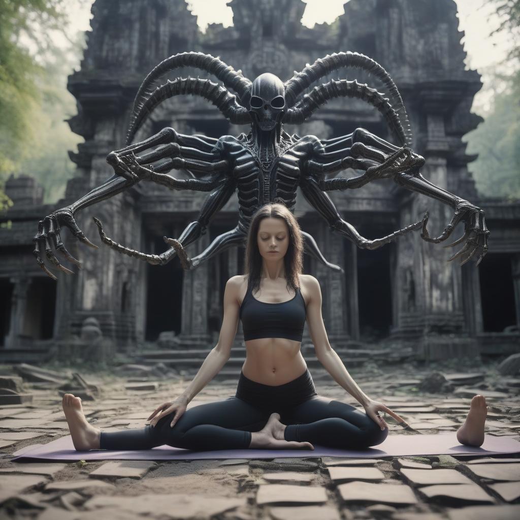  cinematic photo giger's alien (queen) with a female body on an abandoned temple doing yoga, six arms like kali . 35mm photograph, film, bokeh, professional, 4k, highly detailed