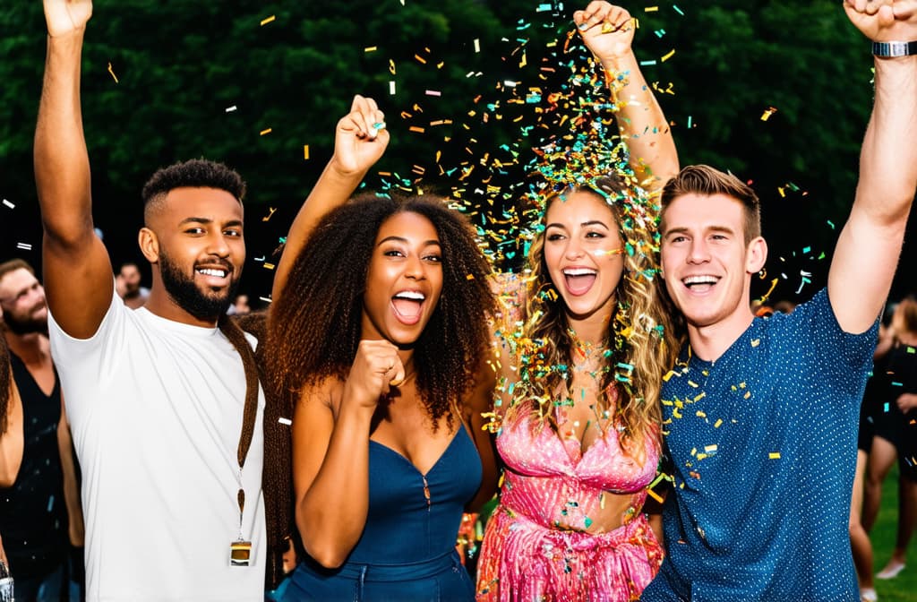  professional detailed photography, group of friends having fun at summer party throwing confetti in the air, young multiracial hipsters having fun on weekend outdoors ar 3:2, (muted colors, dim colors, soothing tones), (vsco:0.3)