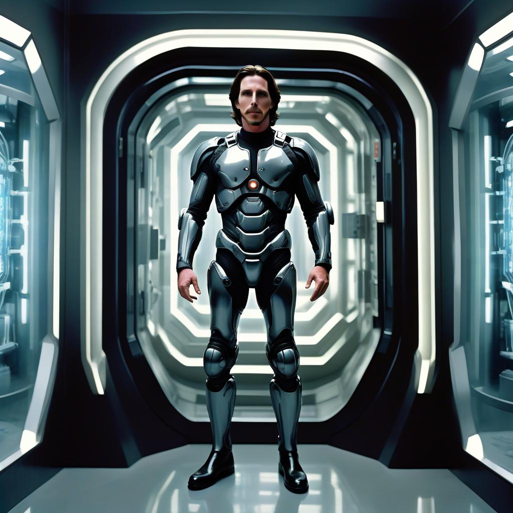  young christian bale, full length, in focus, wearing a futuristic military style exoskeleton, elbow length, standing in front of a glowing cryochamber, background slightly blurred, oil painting