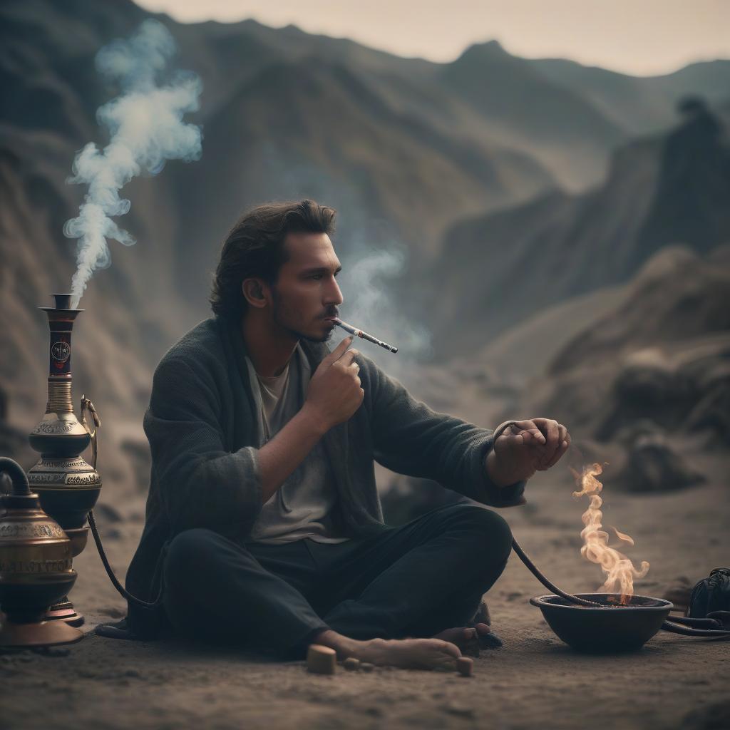  cinematic film still landscape, sitting man, smoking hookah, rest lesson, in the background the inscription "kyf" . shallow depth of field, vignette, highly detailed, high budget, bokeh, cinemascope, moody, epic, gorgeous, film grain, grainy