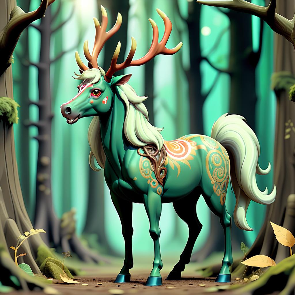  anime artwork animal, mythical animal, horse with deer horns in full growth, forest, horse, forest spirit animal, forest spirit, patterns, unusual color, full height, stands sideways . anime style, key visual, vibrant, studio anime, highly detailed, sticker