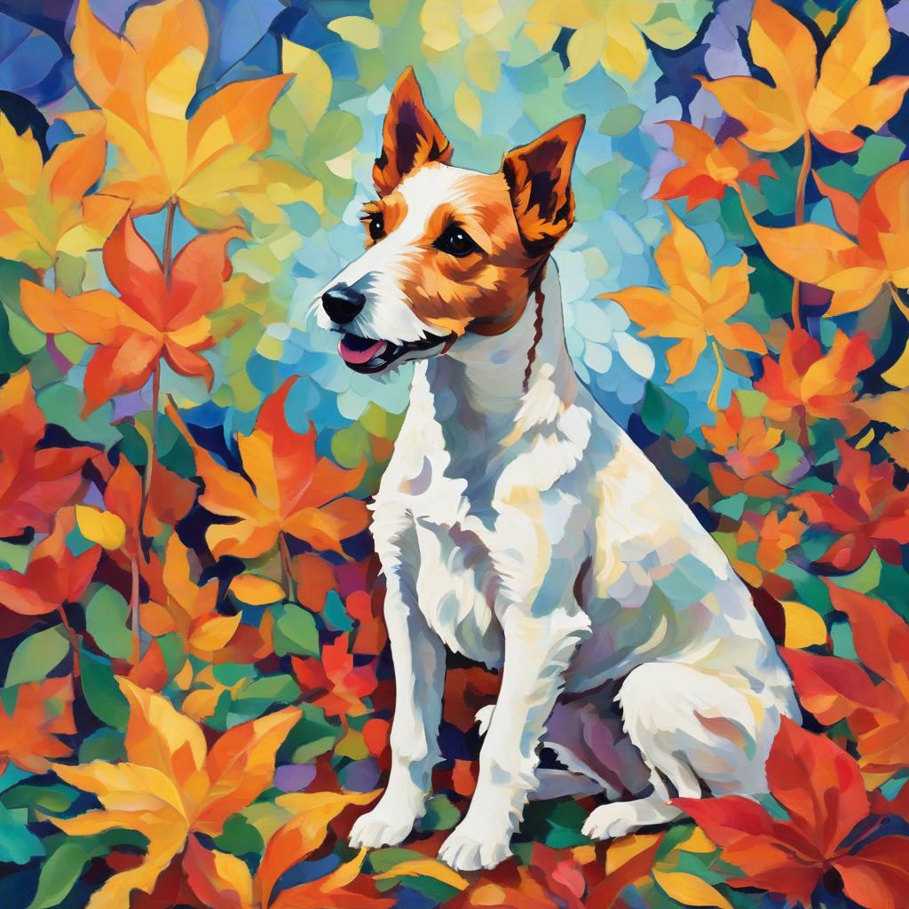  fauvism, primitivism. vector art. (picture poster: 1.2). (double exposure: 1.9). (flat pouring: 1.2) with local colors (no shade, no volume: 1.2). simplicity, primitiveness. (silhouette: 1.8) ((woodhaired fox terrier dog: 1,5)) :: patterns: flowers and bizarre leaves:: ornament. corresponds to the breed of dog, matching the exterior of the fox terrier breed. background::: flowers and autumn leaves. complex fauvism, surreal abstractionism. in the style of henri matisse. high quality.