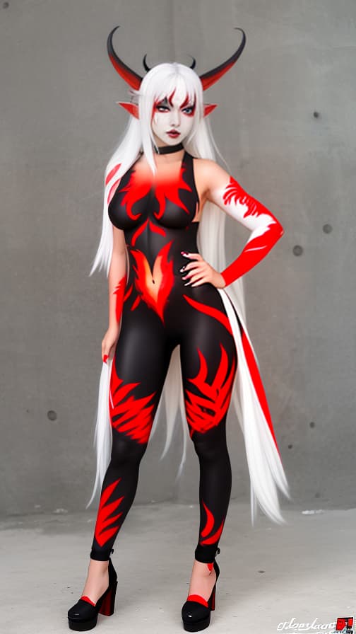  Full body red and Black flame pattern body paint, White body paint on the whole body, White face paint on the face, Dark elf 女性