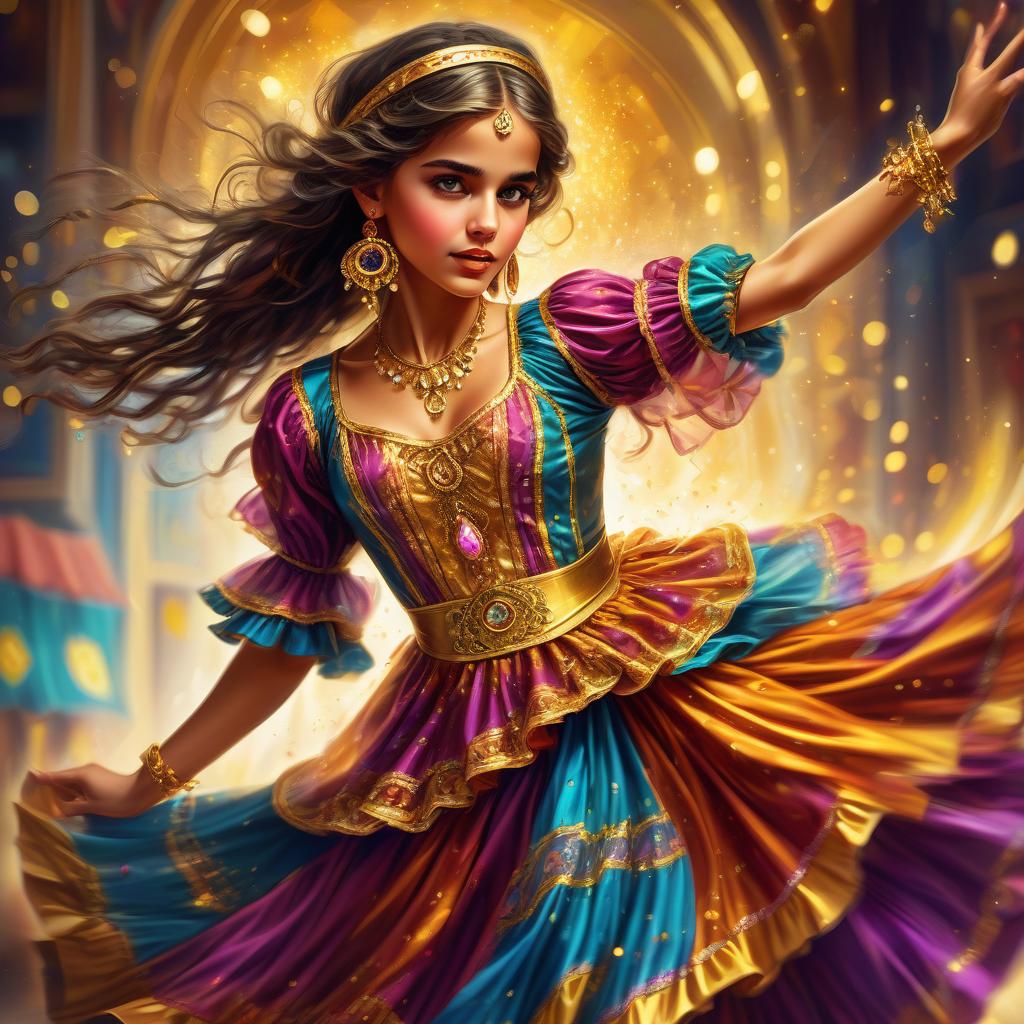  retro game art a young gypsy girl in an elegant traditional gypsy costume dances an energetic dance with a sparkle, there are a lot of gold accessories on her clothes, close up, motion blur background, digital painting, comicbook, comicbook style, art, cgi . 16 bit, vibrant colors, pixelated, nostalgic, charming, fun