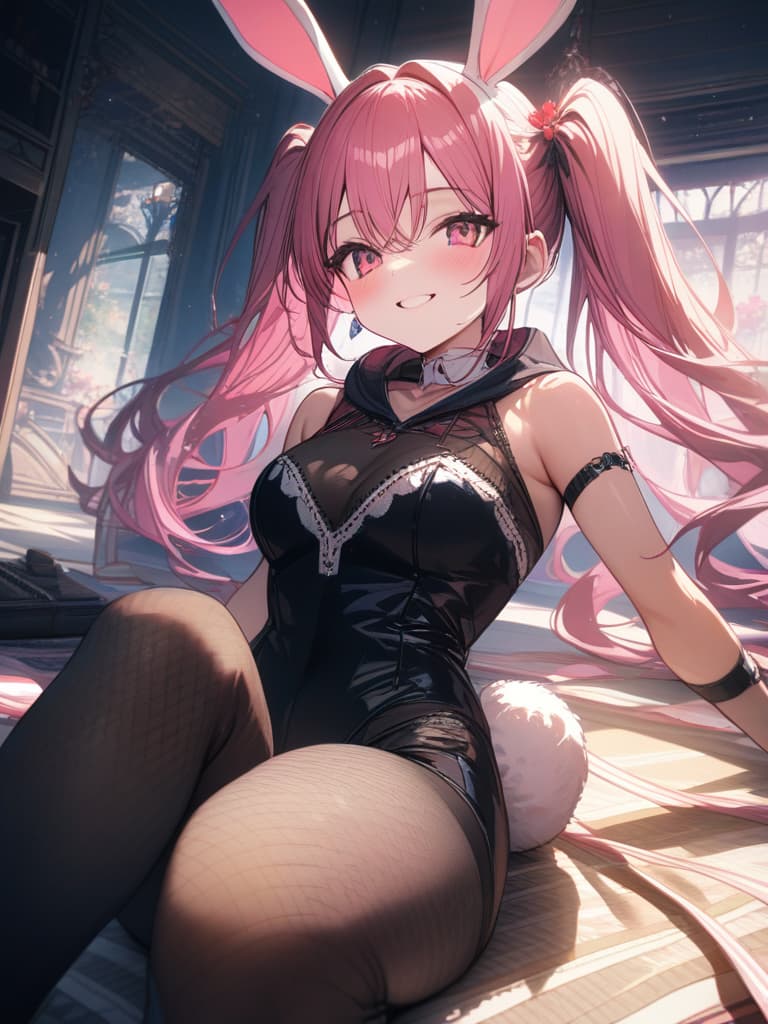  pink hair, bunny , twin tail, net tights, , bunny suit, , smile, bunny clothes, , masterpiece, best quality,8k,ultra detailed,high resolution,an extremely delicate and beautiful,hyper detail