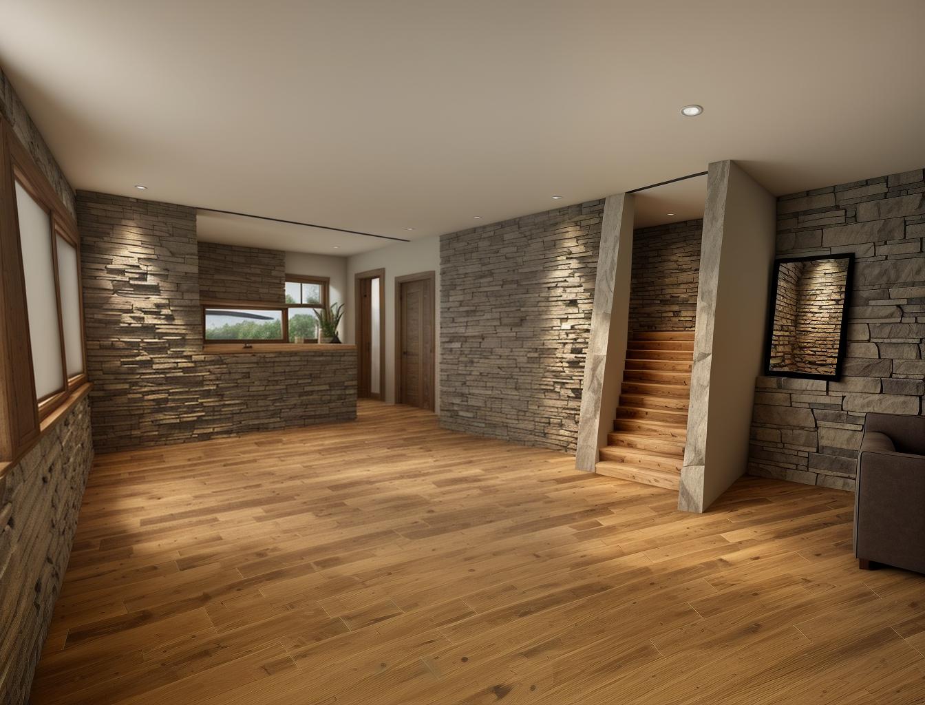  generate a photorealistic image of a living room with a stone accent wall and a wooden floor. the design should include a large window that allows natural light to highlight the texture of the stone wall, creating a balance between rustic and modern elements.