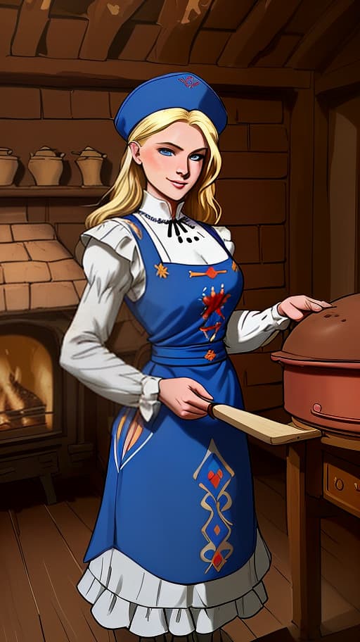  masterpiece, the best quality, a russian woman in traditional clothes prepares cakes in a stone oven, a very light smile, tense, piercing eyes, blue eyes, flowing blond hair, dressed in a traditional russian outfit, cooks in the open air, inside a wooden castle, against the background of an ancient russian throne room in a wooden castle, cartoon style, cute,