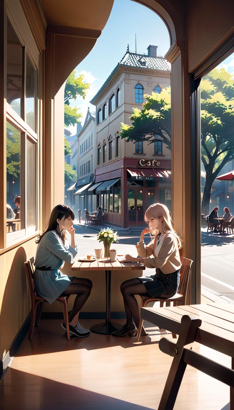  cinematic lighting, two women, cafe, conversation, afternoon.