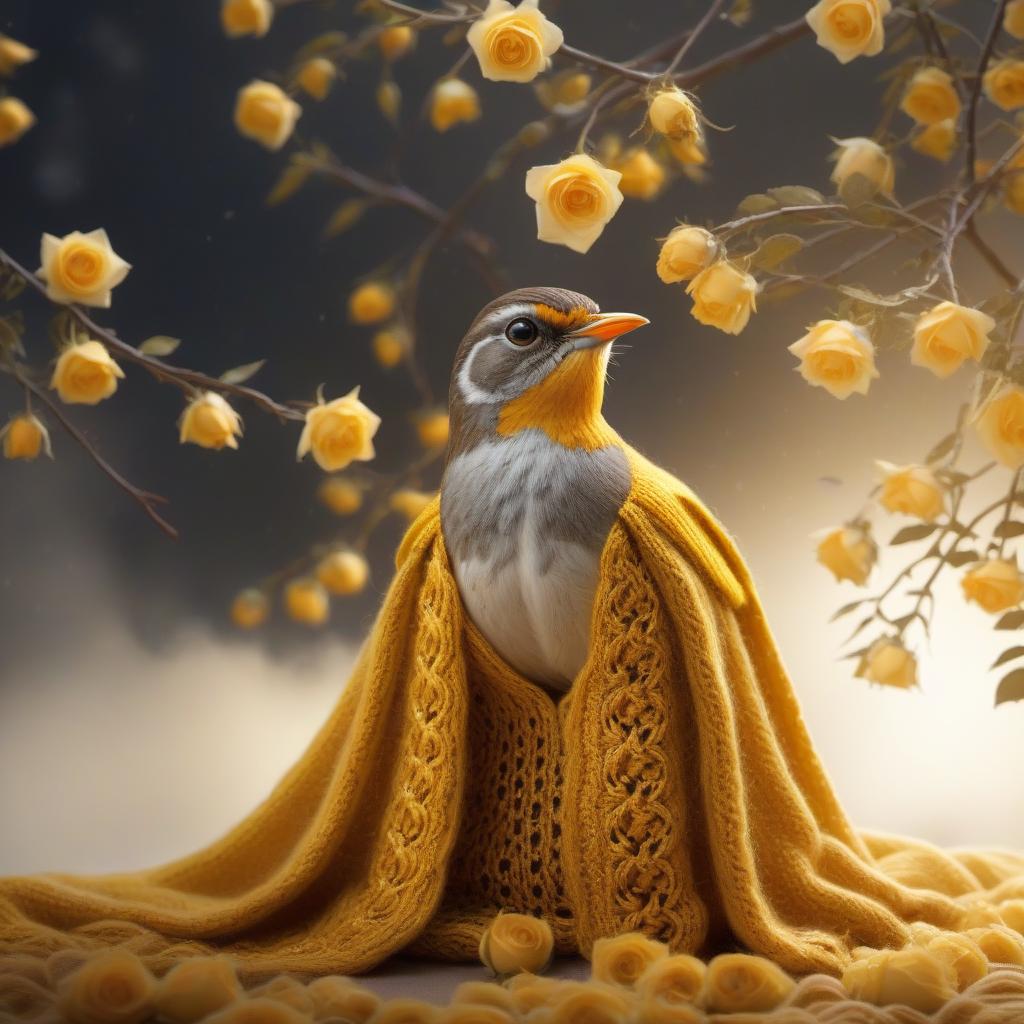  A rowan thrush (bird) knitted from wool, yellow roses, a background of gold brocade, realistic color photo hyperrealistic, full body, detailed clothing, highly detailed, cinematic lighting, stunningly beautiful, intricate, sharp focus, f/1. 8, 85mm, (centered image composition), (professionally color graded), ((bright soft diffused light)), volumetric fog, trending on instagram, trending on tumblr, HDR 4K, 8K