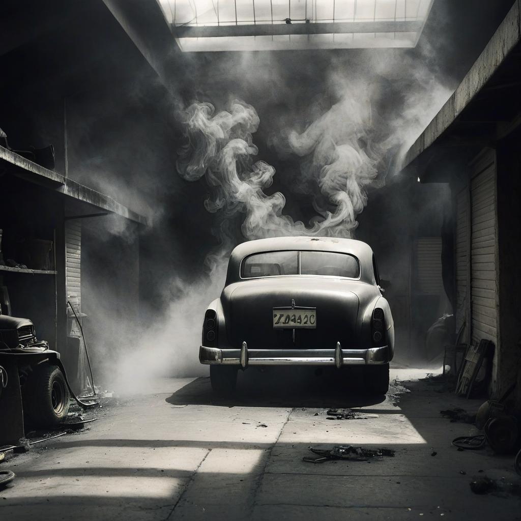  film noir style soviet garage filled with smoke . monochrome, high contrast, dramatic shadows, 1940s style, mysterious, cinematic, film photography style